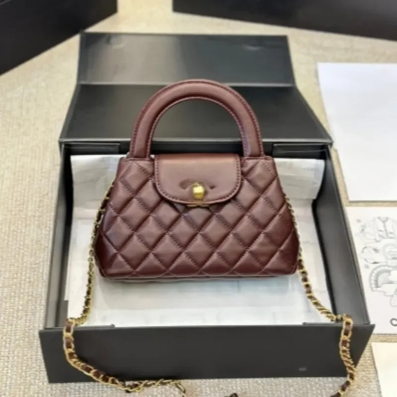 Veal k Leather Designer  Shoulder Bag Leather Ribbed Gold Hardware Metal Turn Lock