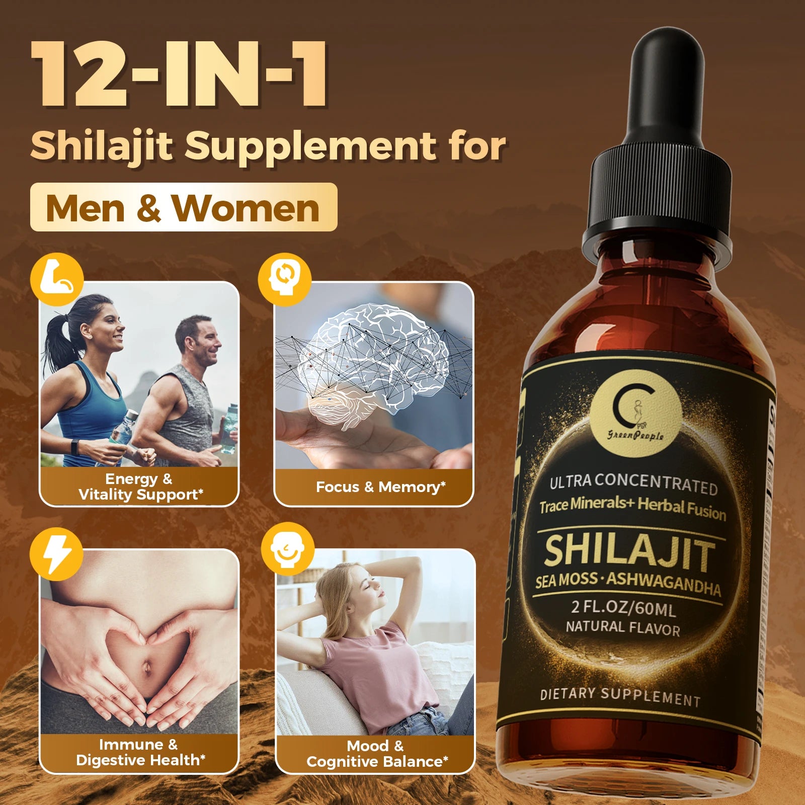 Shilajit Liquid Drops with Sea Moss, Ashwagandha, Maca, Moringa