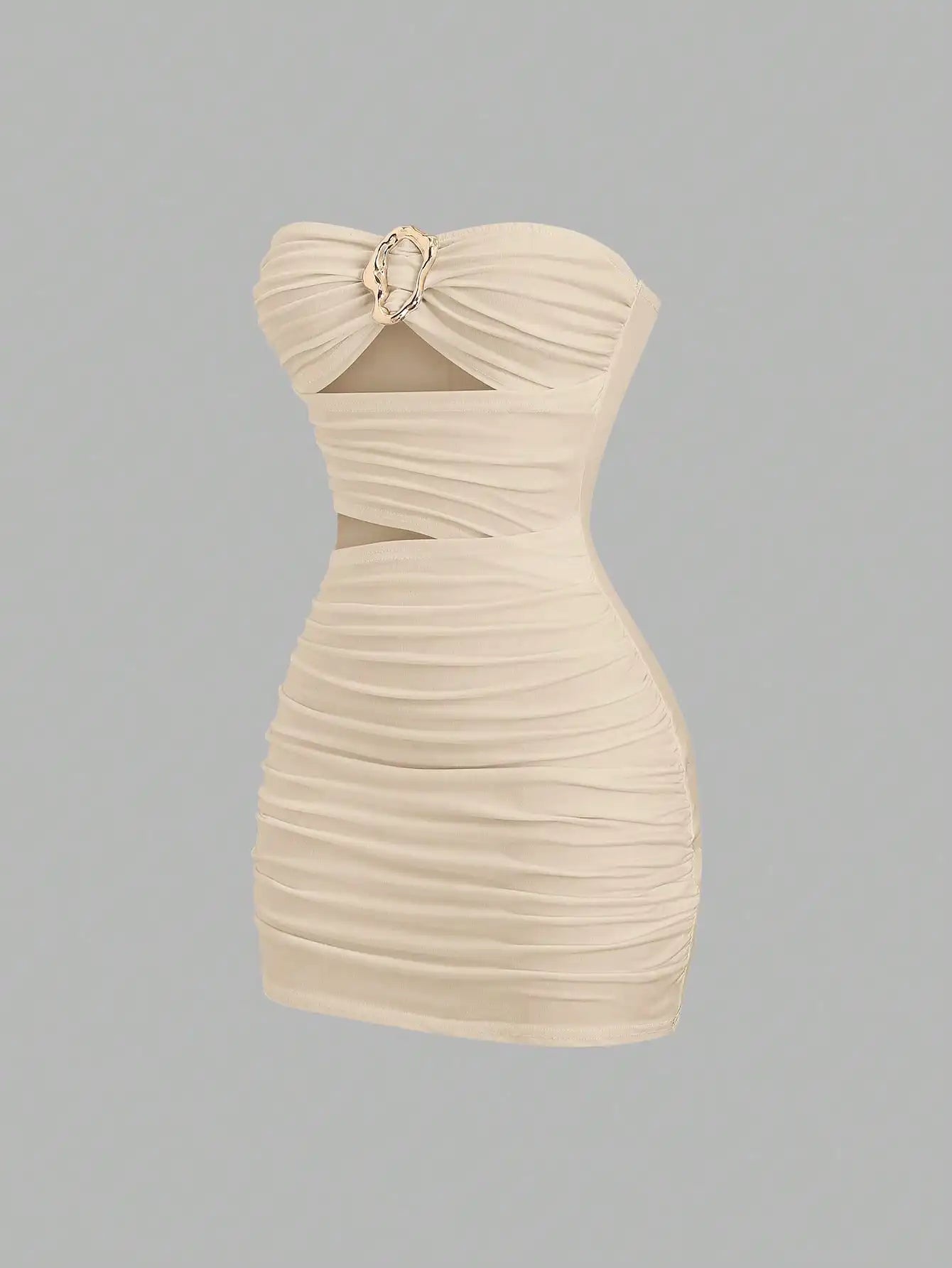 Ruched Strapless Mini Dress With Cutout Waist And Ornamental Metal Ring