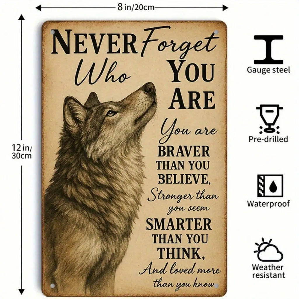 1PC Tin Sign Wolf Motivational - Never Forget Who You Are, Office/Living Room Decor, 8x12 Inches/20x30 Cm