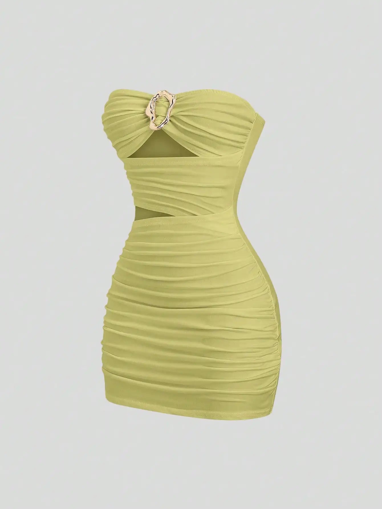 Ruched Strapless Mini Dress With Cutout Waist And Ornamental Metal Ring
