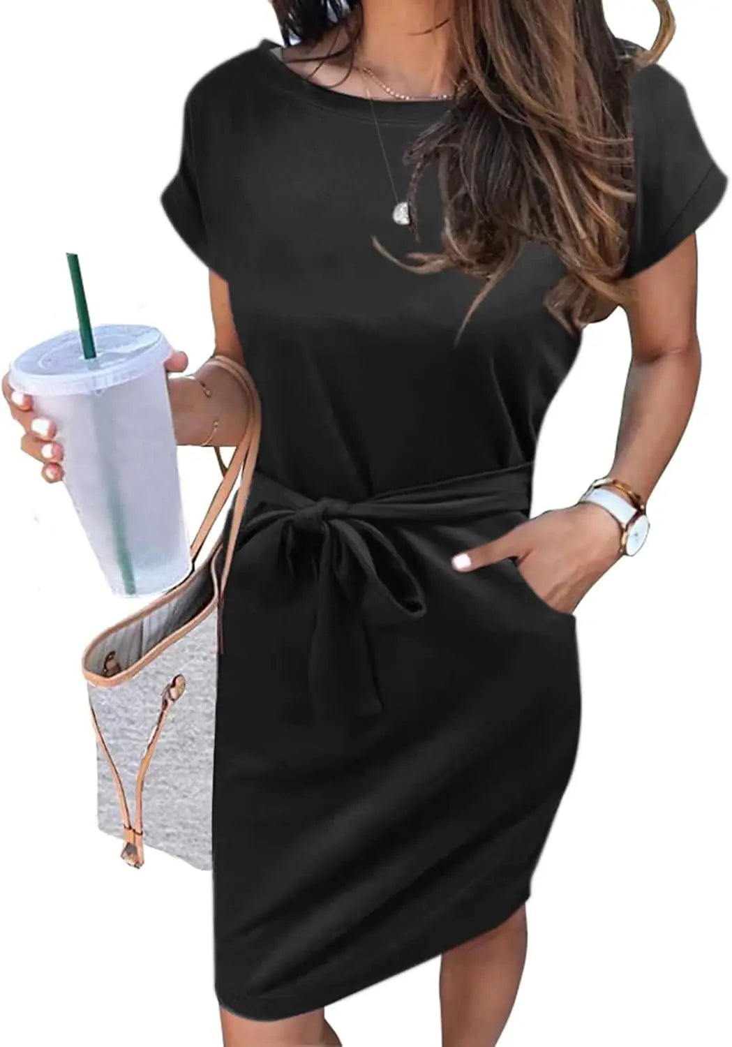 Casual T Shirt DrShort Sleeve Striped Tie Waist Work Vacation Trendy Short Dresses