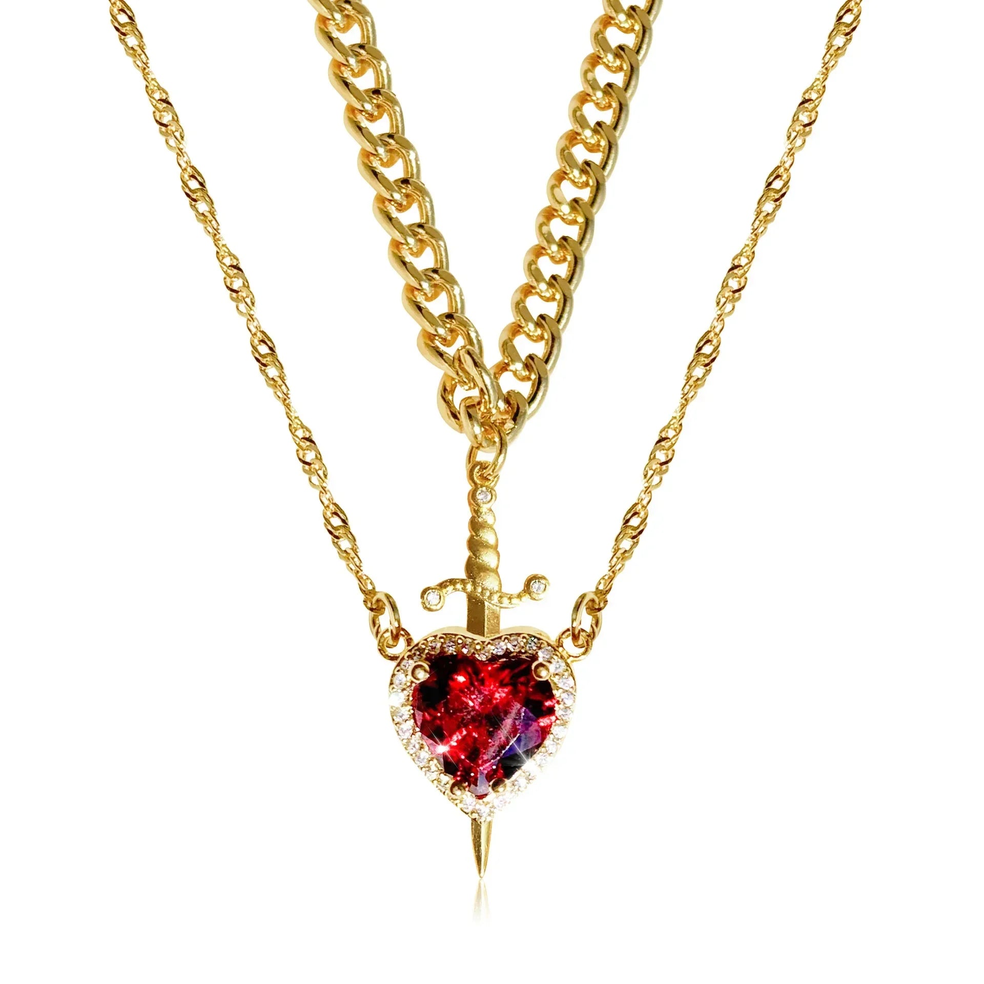 Heart and Sword Zircon Pendant Necklace for Women Men Couple Silver Gold Plated Choker Chain Jewelry