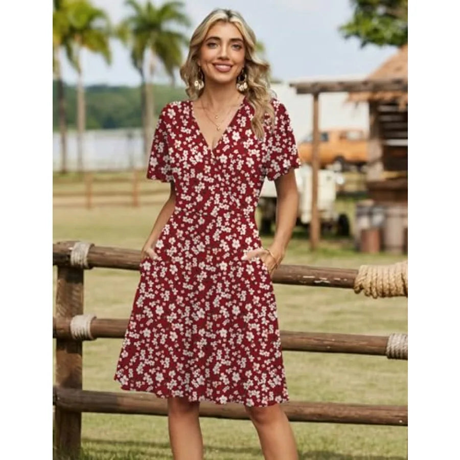 Summer Dresses Wrap V Neck Dress Floral A-Line Ruffle Sleeve Casual Sundress with Pockets