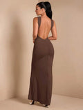 Cream Backless Sleeveless Maxi Dress with Ruched Detail for Evening Events