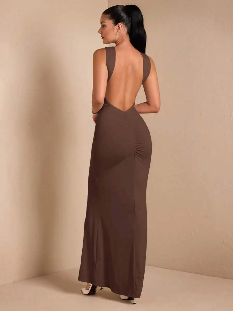 Cream Backless Sleeveless Maxi Dress with Ruched Detail for Evening Events