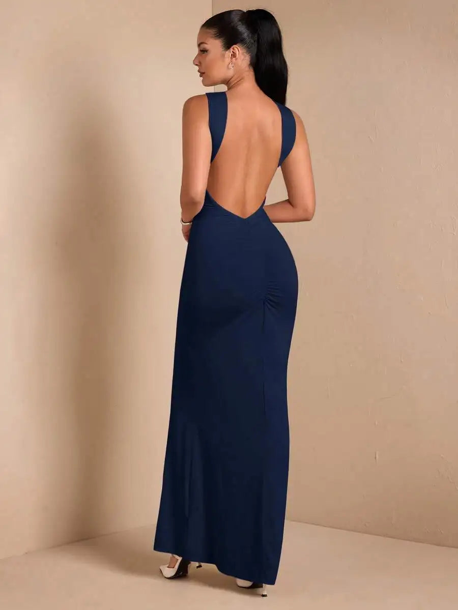 Cream Backless Sleeveless Maxi Dress with Ruched Detail for Evening Events