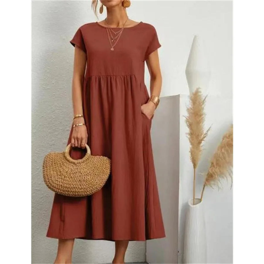 solid color sleeveless loose linen pocket women's dress in stock
