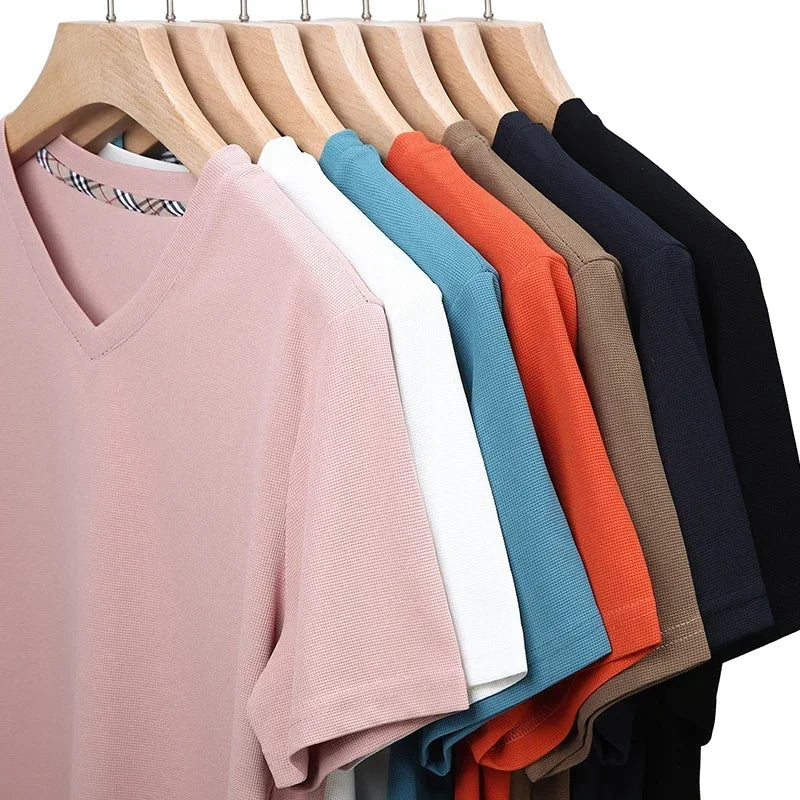Men's New Waffle V Neck Short Sleeved T-shirt Summer Comfortable Top