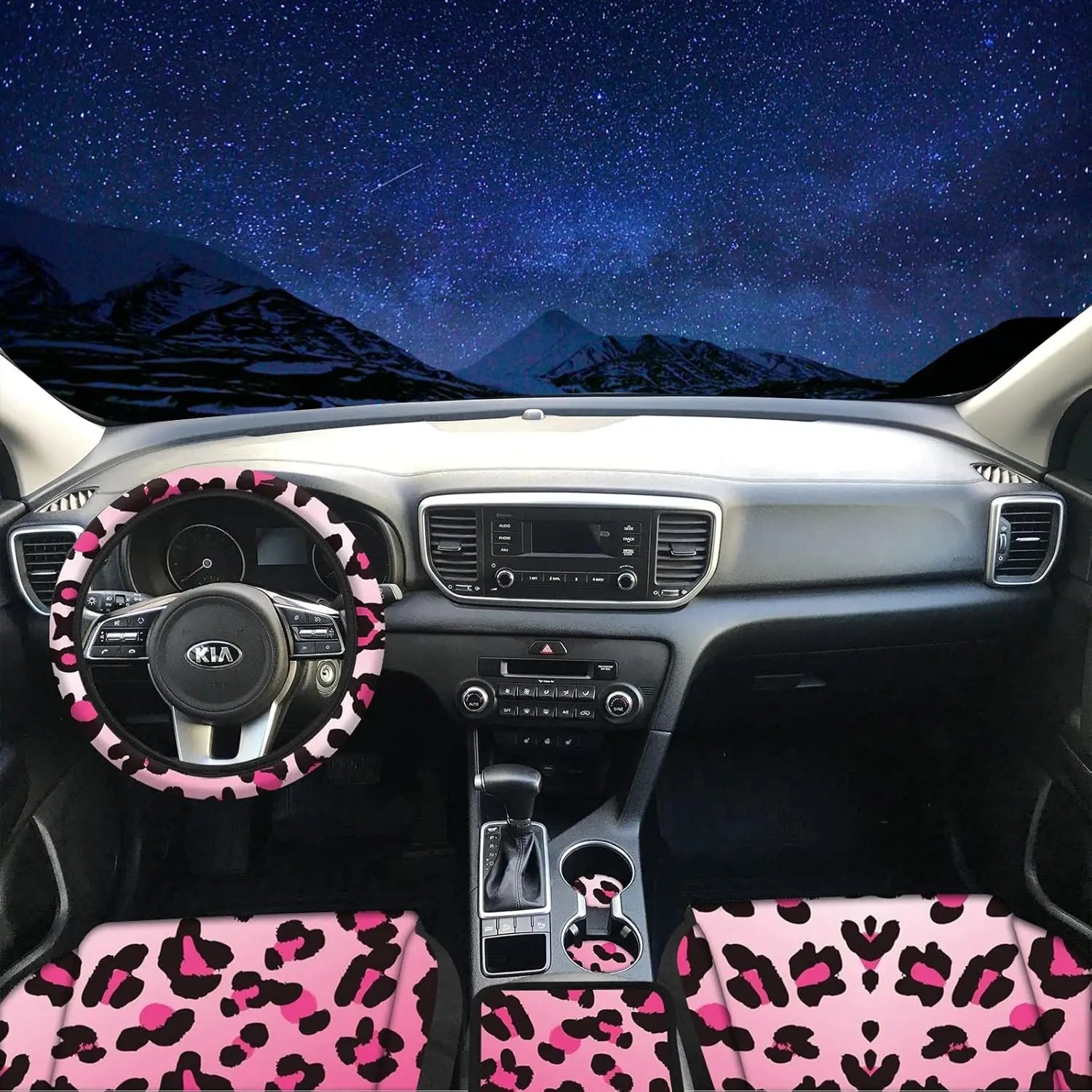15 PCS Pink Leopard Print Car Seat Cover Set with Steering Wheel, Console, and Accessories for SUV