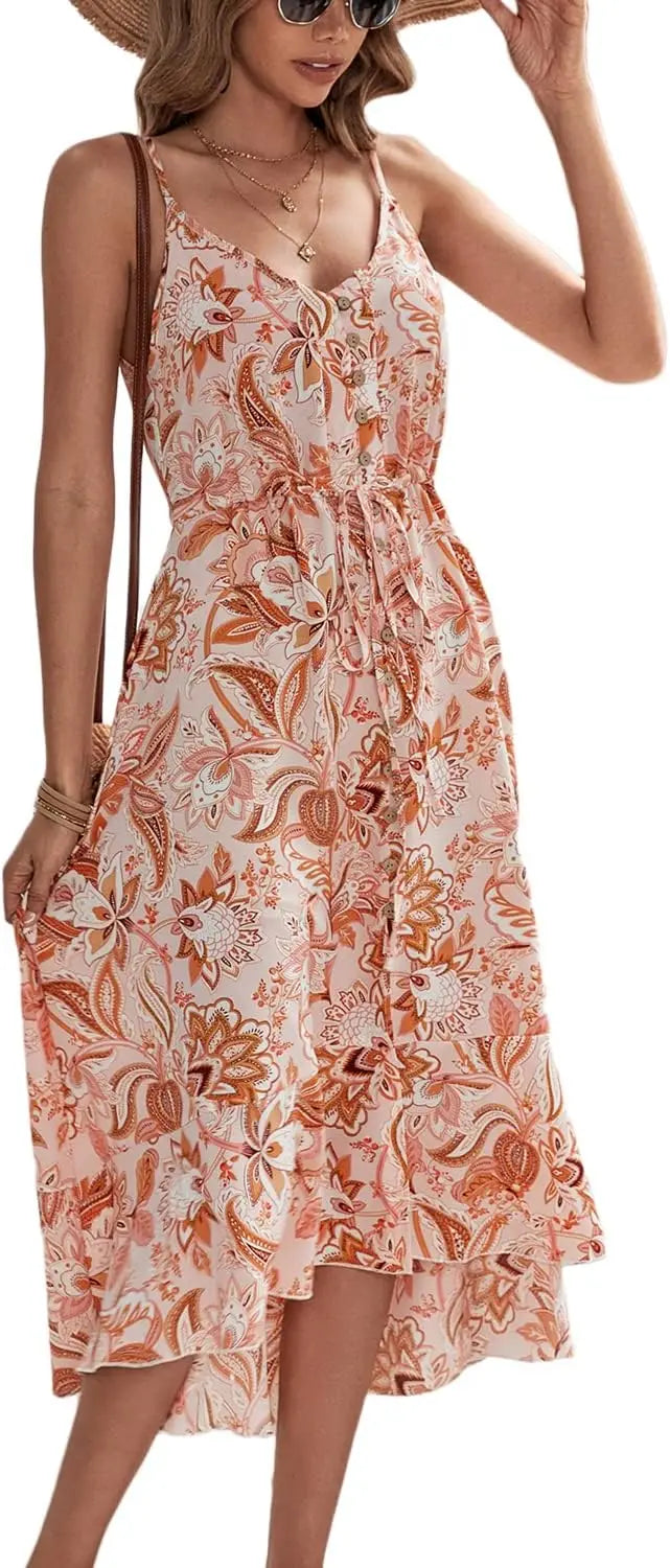 Boho SundrPolka Dot Spaghetti Strap V Neck Flowy Midi Dresses