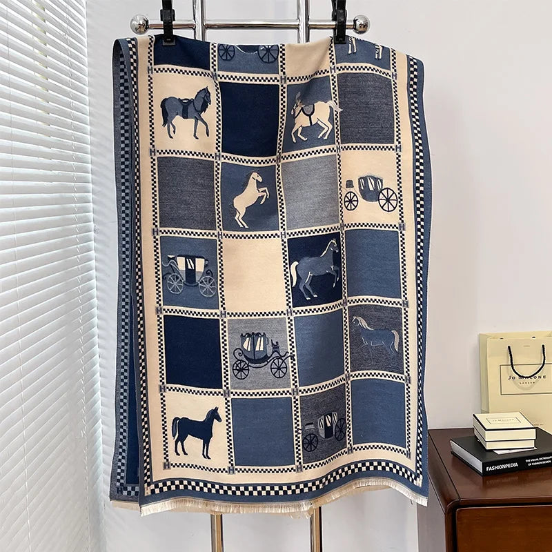 Poncho Cashmere Winter Women Scarf Horse Print Shawl Wrap