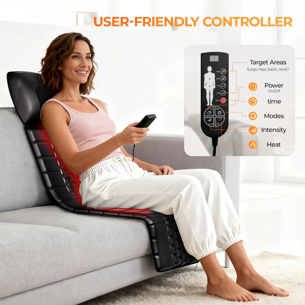 Shiatsu Full Body Massage Mat with Heat, Detachable Massager Pad, 10 Vibrating Motors, 9 Intensity Levels