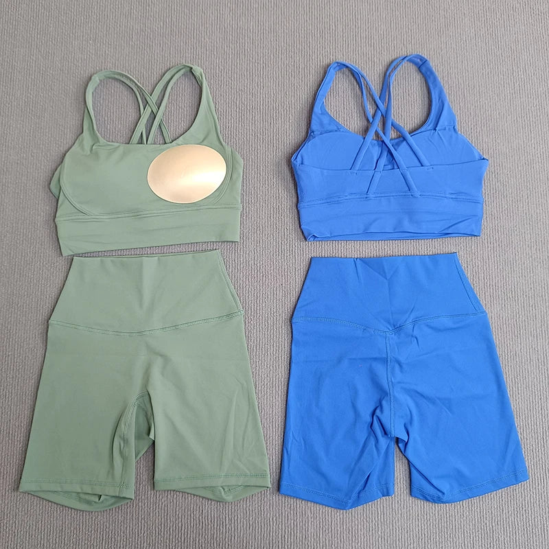 2-Piece Yoga Set Tights Shorts For Woman Cross Back Bra Top + High Waist Shorts Fitness Running Workout Tracksuit