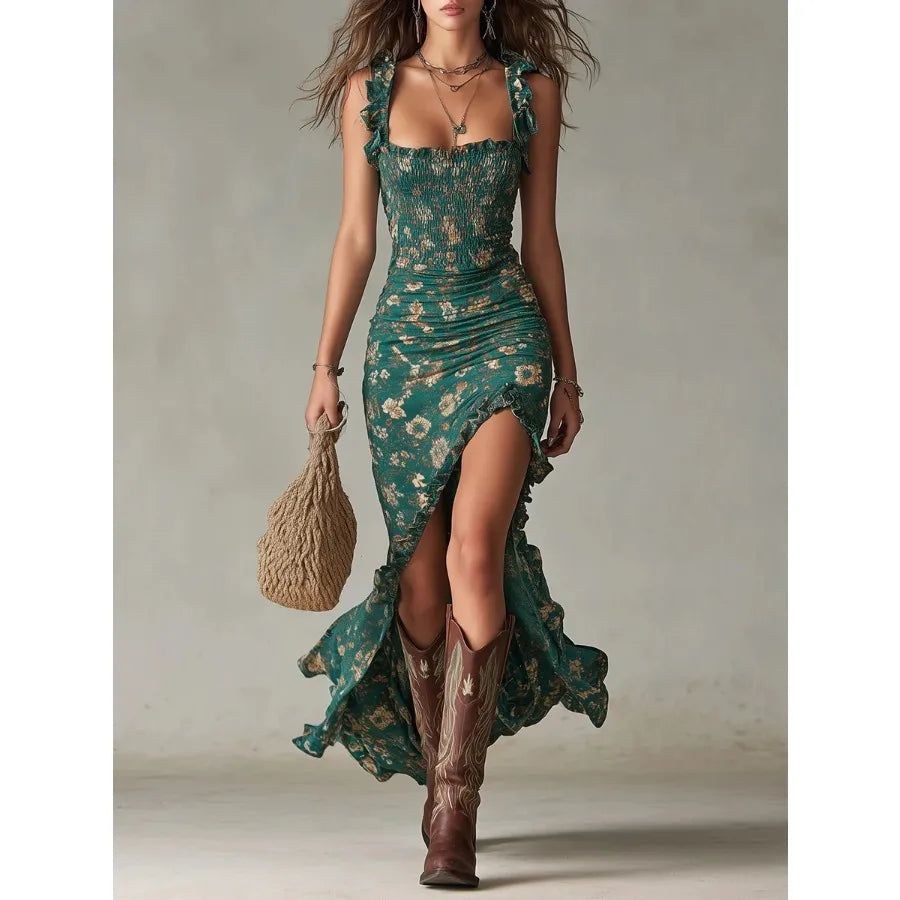 pastoral style summer new style small floral print slim figure slimming waist wide skirt strap dress