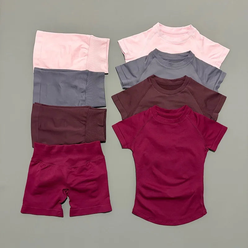 2 Pcs Impact Sports Sets Short Sleeve Seamless Yoga Top Fitness Set