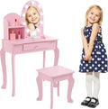 Kids Vanity Set with Lighted Mirror and Stool, Wooden Makeup Table