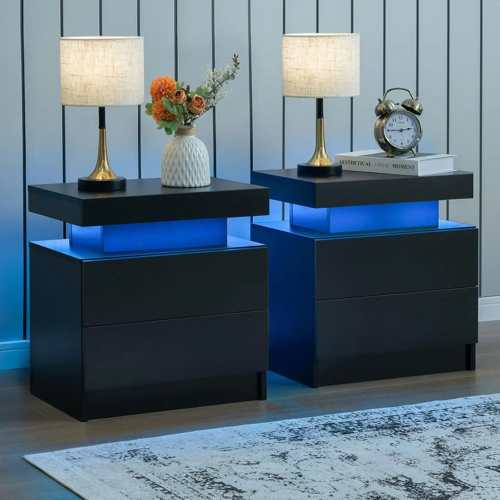 Nightstand Set of 2 LED Nightstand with 2 Drawers,Night Stand Set 2 with LED Light