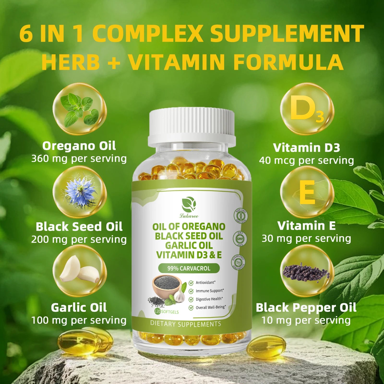 Oregano Oil Capsules with Black Seed Oil,Garlic Oil,Vitamin D3 E