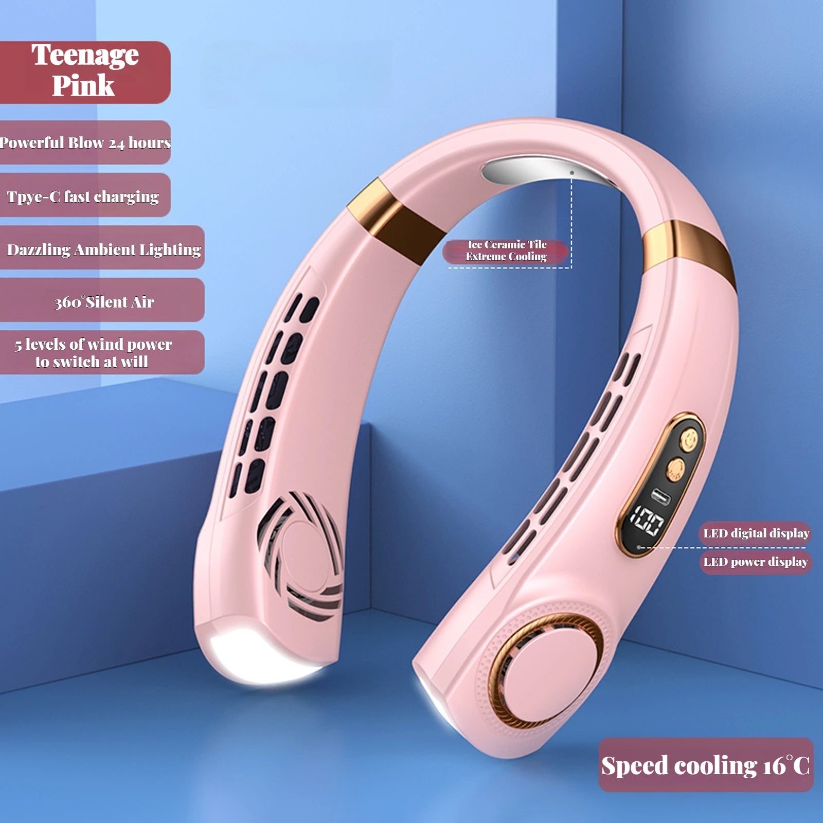 Portable Ice-Cooling Fan with LED Light, Silent Bladeless Halterneck Design
