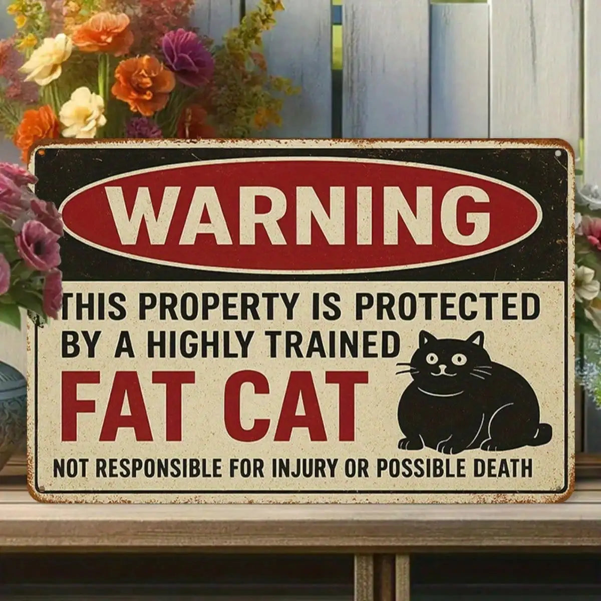 1PC Tin Sign Humorous Warning Protected By Fat Cat - Home/Office Decor, Retro Design, 8x12 Inches / 20x30 Cm
