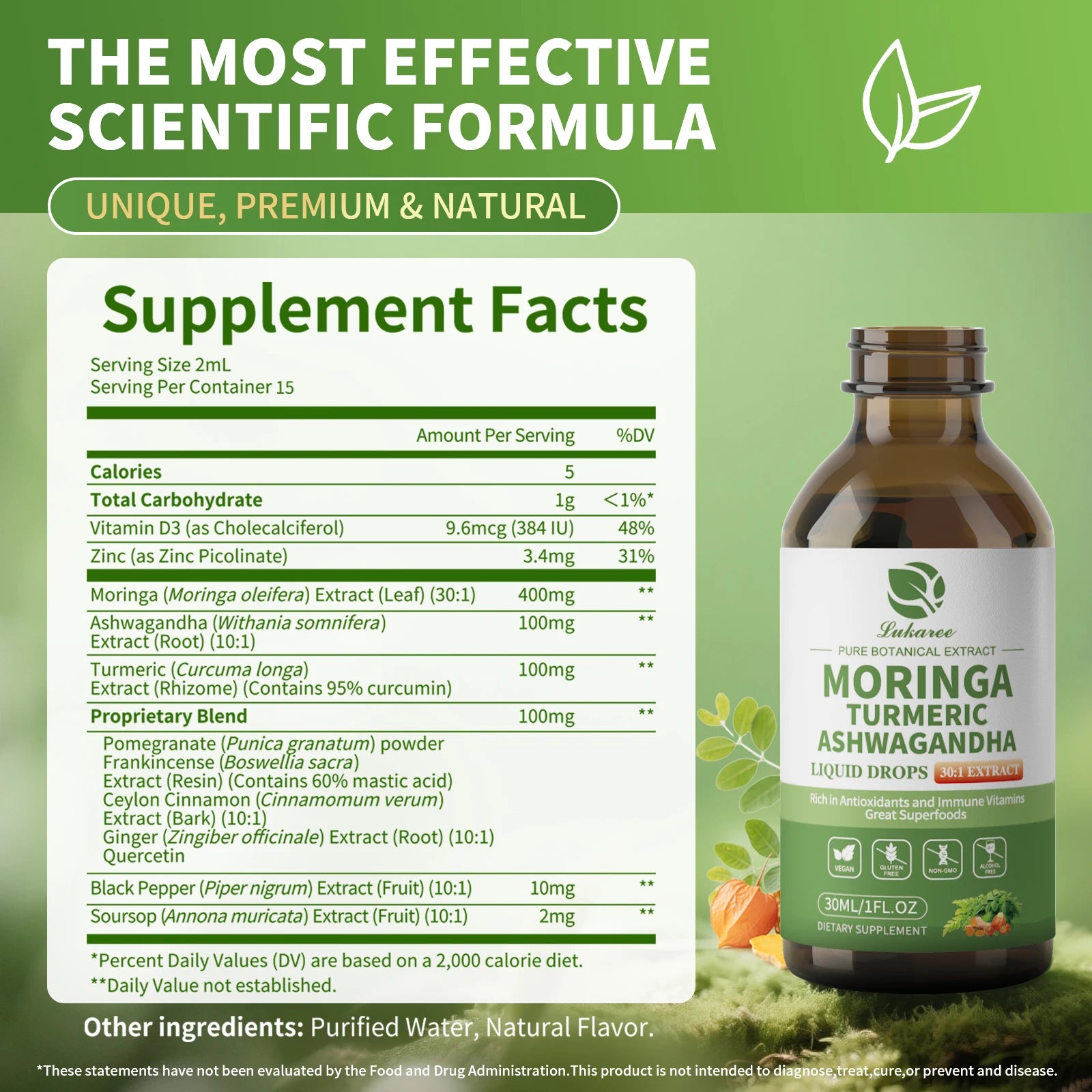 12-in-1 Organic Moringa Drops with Ashwagandha Turmeric Quercetin Vegan Non-GMO