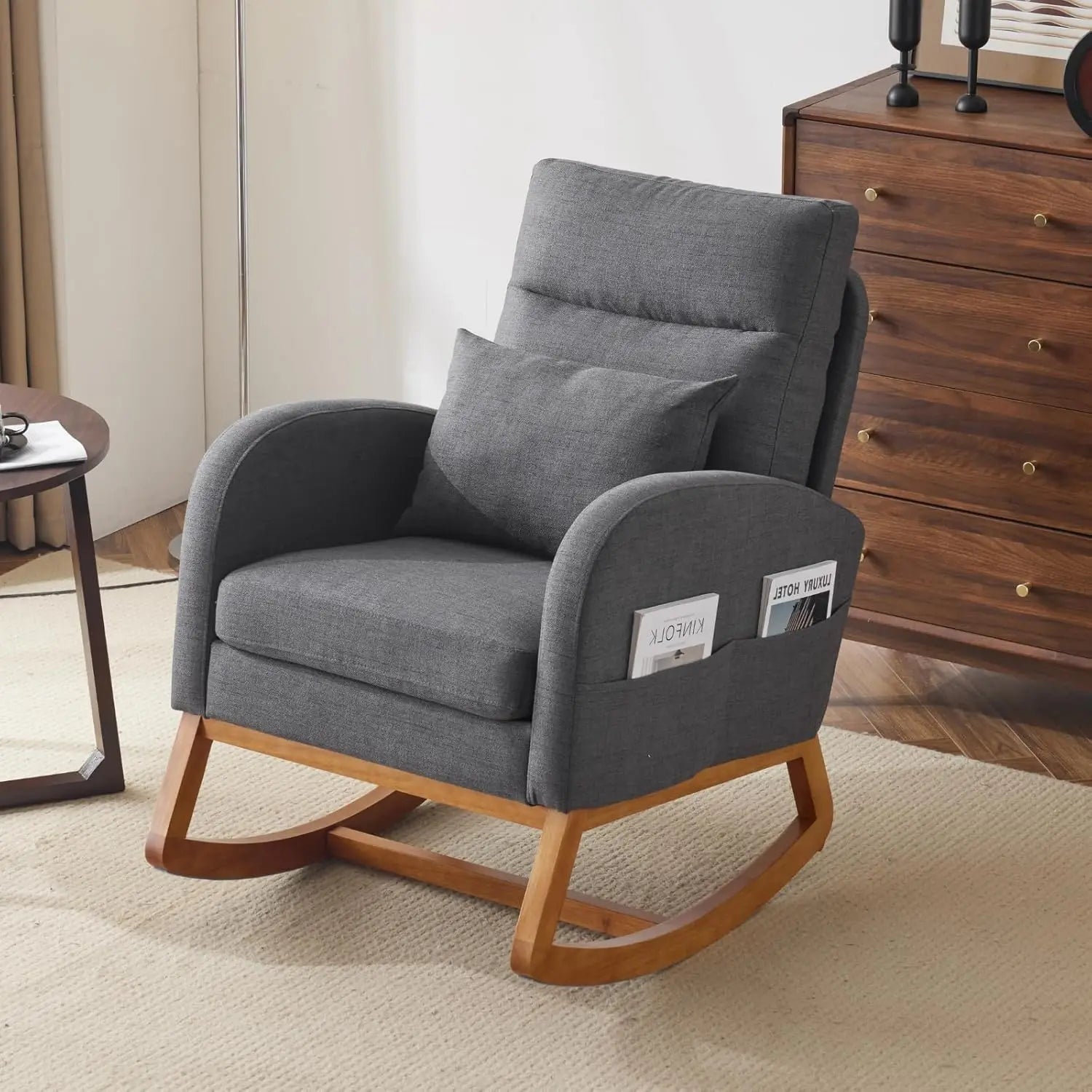 Olive Chenille Rocking Chair Nursery with Thick Headrest, Upholstered Mid-Century Modern Nursing Rocker