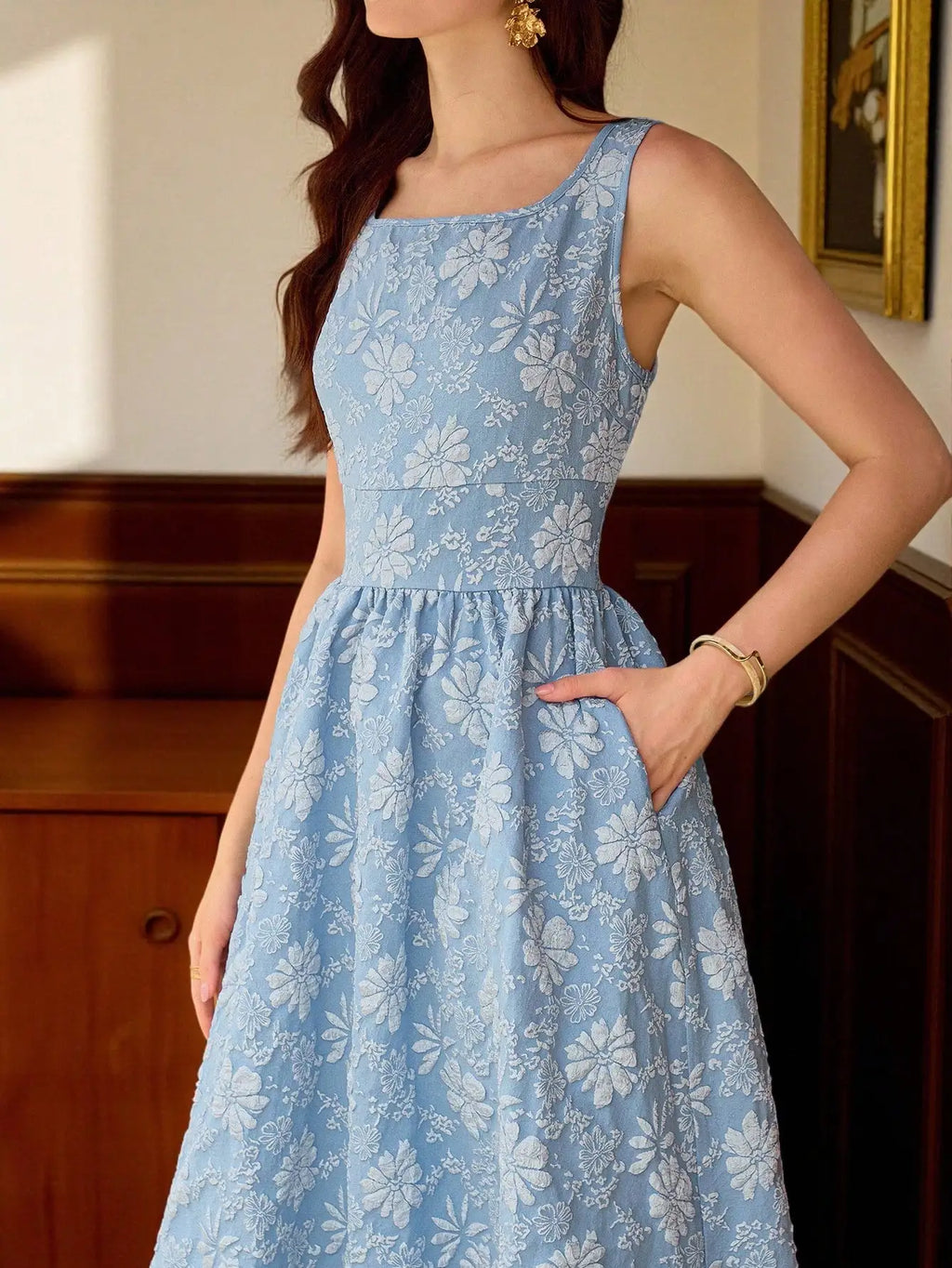 Light Blue Floral Textured Sleeveless Square Neck A-Line Midi Dress With Pockets