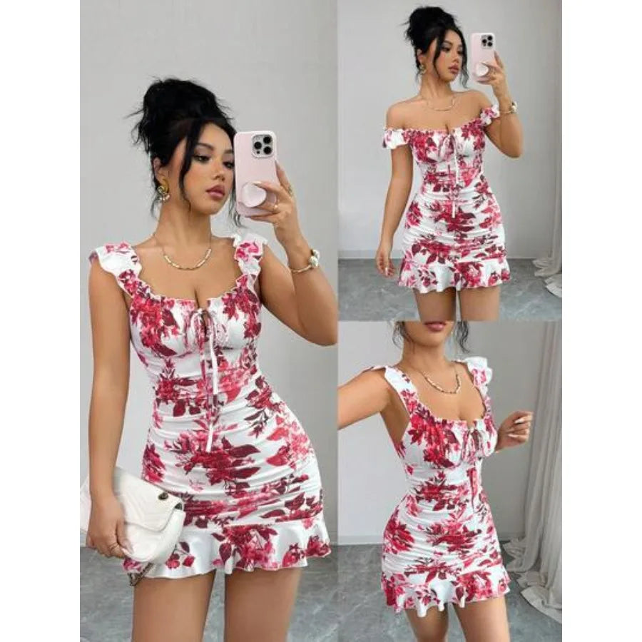 French summer - flower printing and dyeing dress retro waist slim short skirt