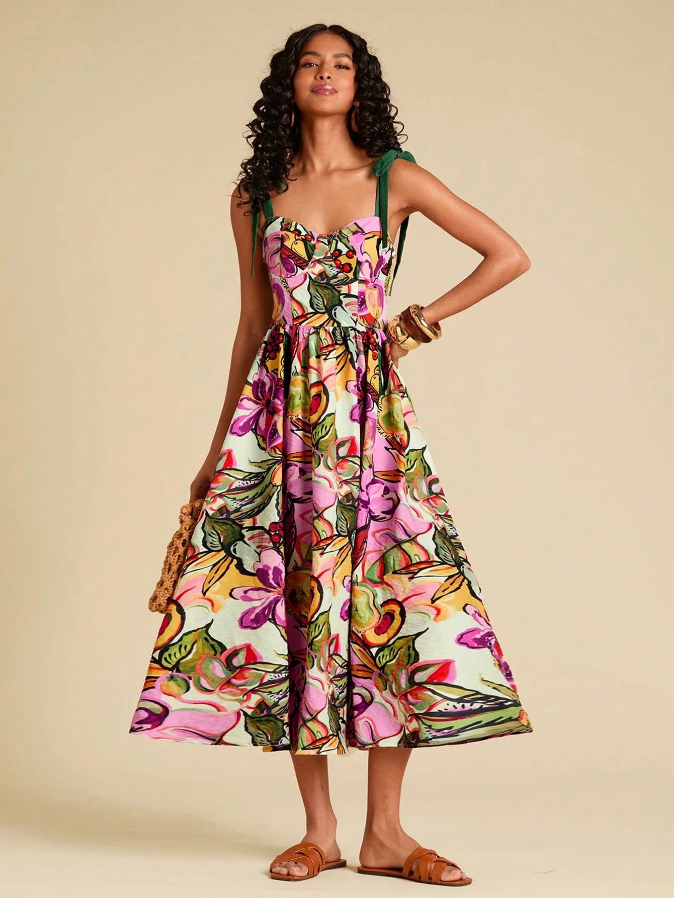 Floral Print Spaghetti Strap Midi Dress For Women Bohemian Beach Style