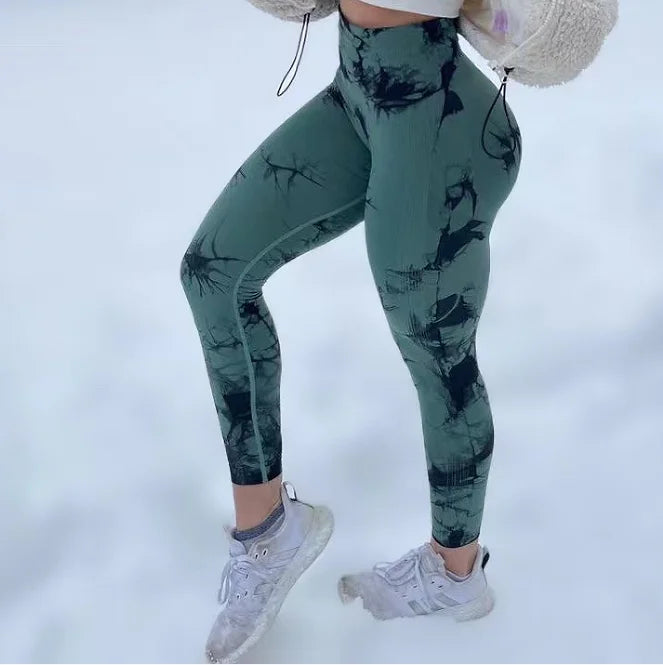 Women Athletic Tie Dye Gym Leggings Butt Lifting Workout Thick Elastic Yoga Pants