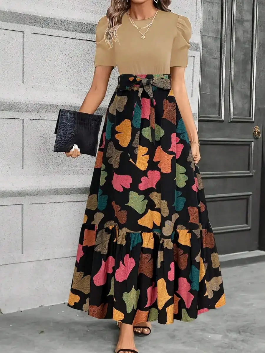 Elegant A-Line Dress with Puff Sleeves, Bow Waist, Leaf Print, Round Neck, Lightweight for Spring Summer