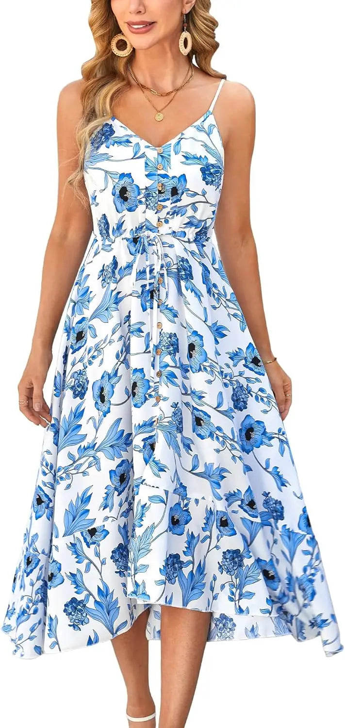 Boho SundrPolka Dot Spaghetti Strap V Neck Flowy Midi Dresses