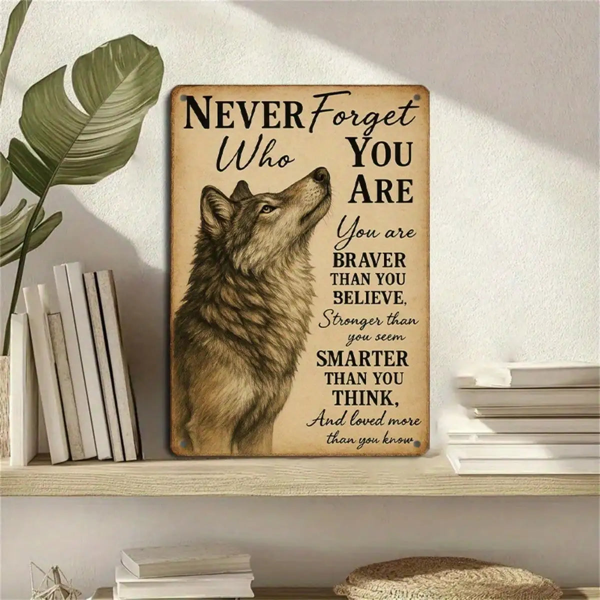 1PC Tin Sign Wolf Motivational - Never Forget Who You Are, Office/Living Room Decor, 8x12 Inches/20x30 Cm