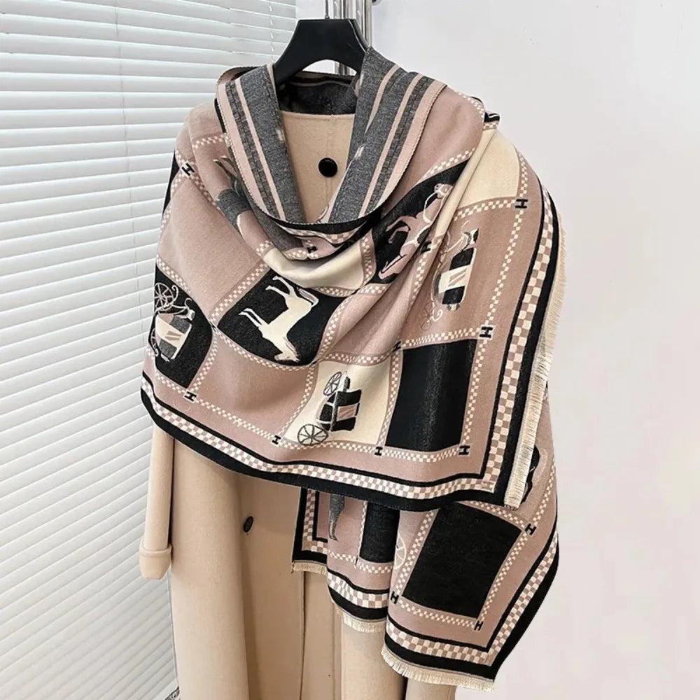 Poncho Cashmere Winter Women Scarf Horse Print Shawl Wrap