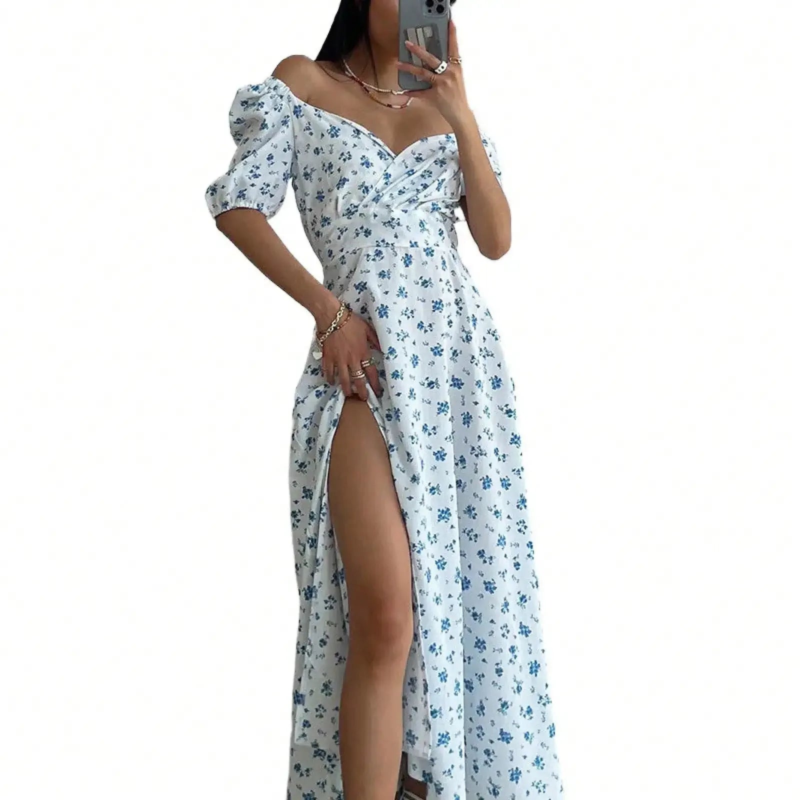 European And American Sexy Dopamine Outfit Elegant Puff Sleeve Floral French Dress