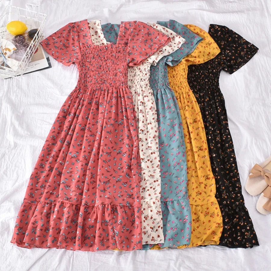 retro square collar floral waist slimming flounce splicing dress