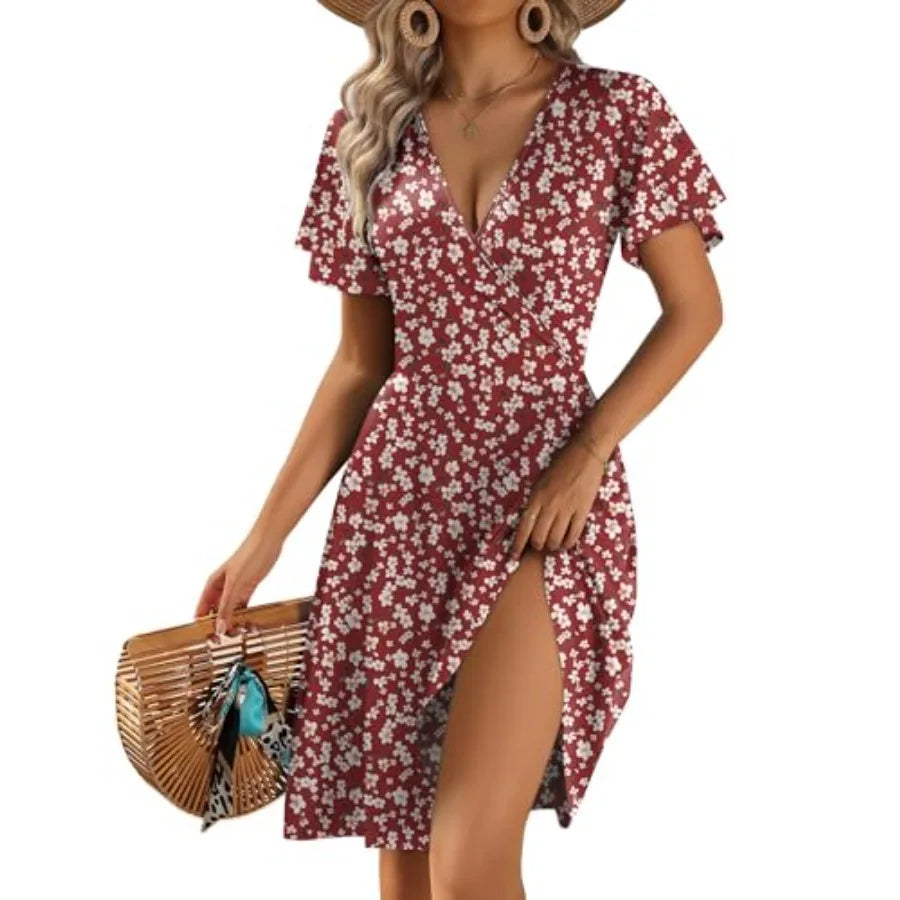 Summer Dresses Wrap V Neck Dress Floral A-Line Ruffle Sleeve Casual Sundress with Pockets