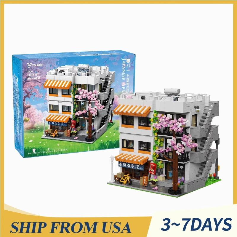 3911PCS Japanese Apartment Modular Building Blocks,with 5 Figures,Street View Model Bricks LED Light