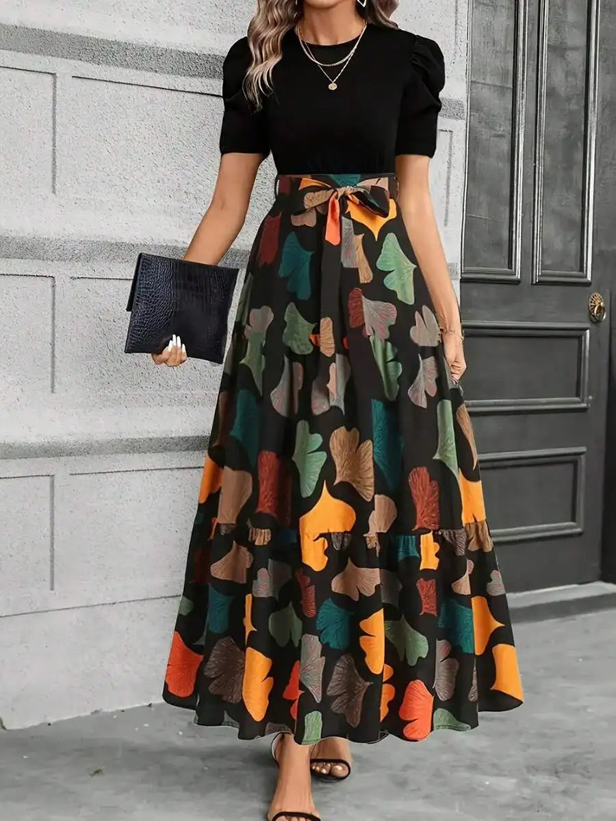 Elegant A-Line Dress with Puff Sleeves, Bow Waist, Leaf Print, Round Neck, Lightweight for Spring Summer