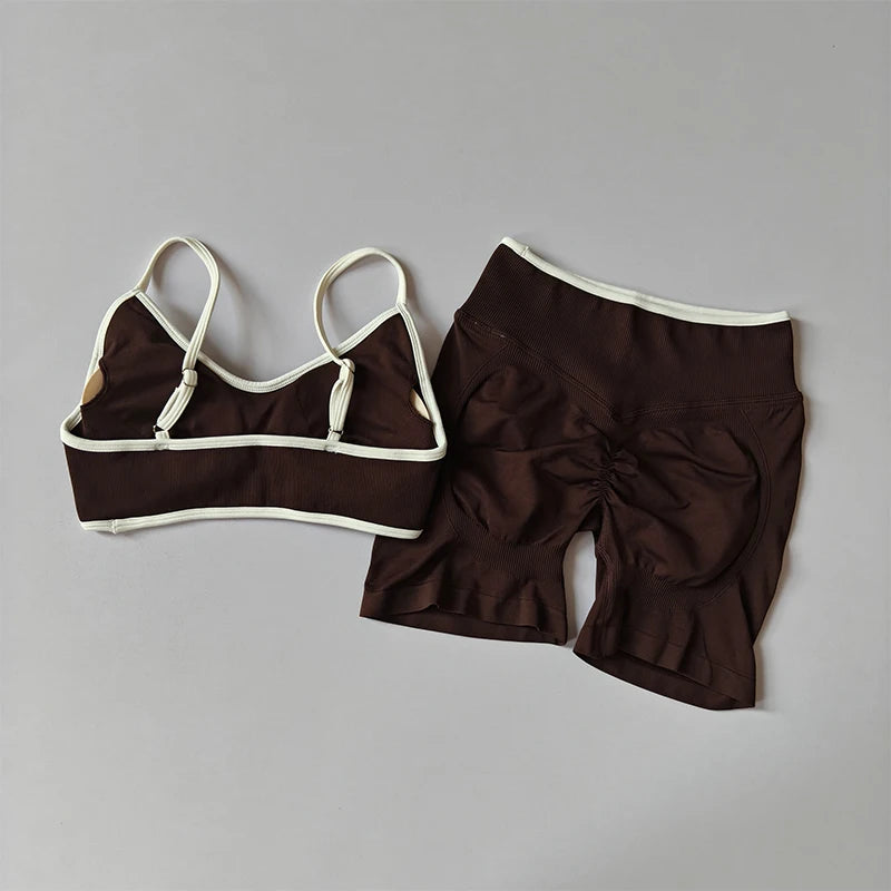2PCS Yoga Suit Seamless with Chest Pad Tight Sports Bras