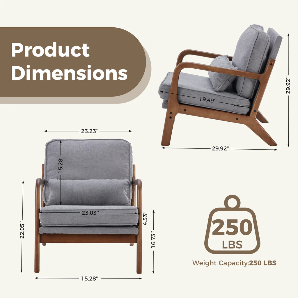 JHK Mid Century Modern Chair Solid Wooden Frame Accent Chair with Arms and Waist Cushion Reading Chairs