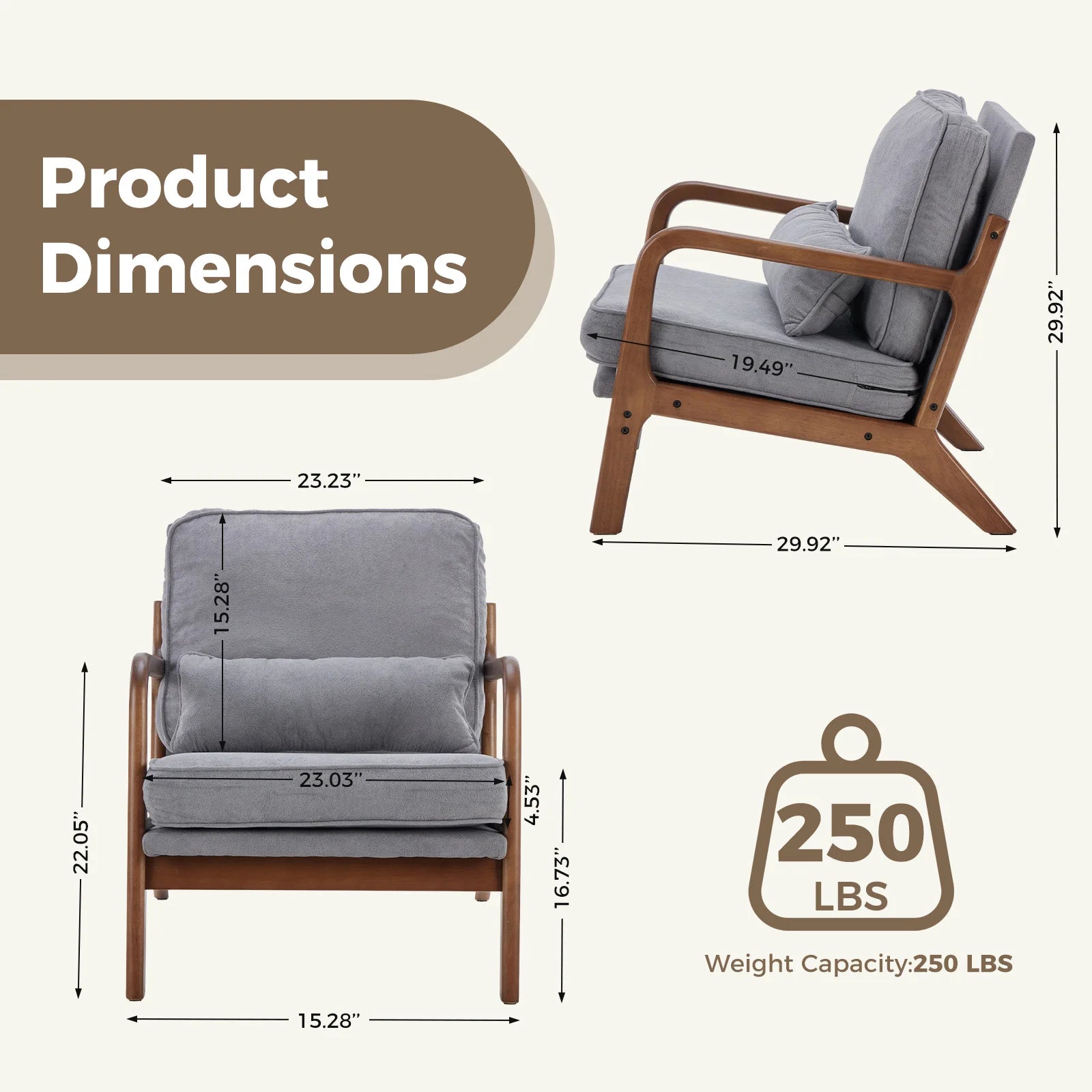 JHK Mid Century Modern Chair Solid Wooden Frame Accent Chair with Arms and Waist Cushion Reading Chairs