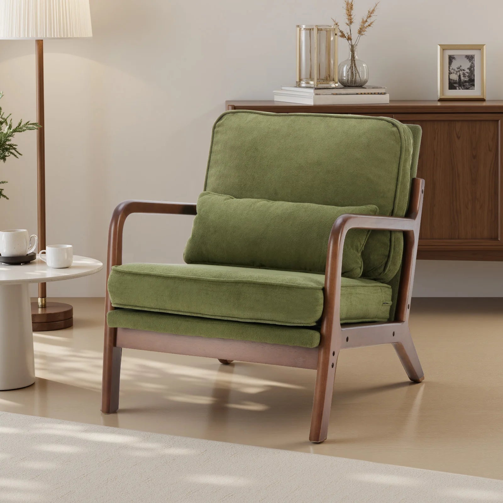 JHK Mid Century Modern Chair Solid Wooden Frame Accent Chair with Arms and Waist Cushion Reading Chairs