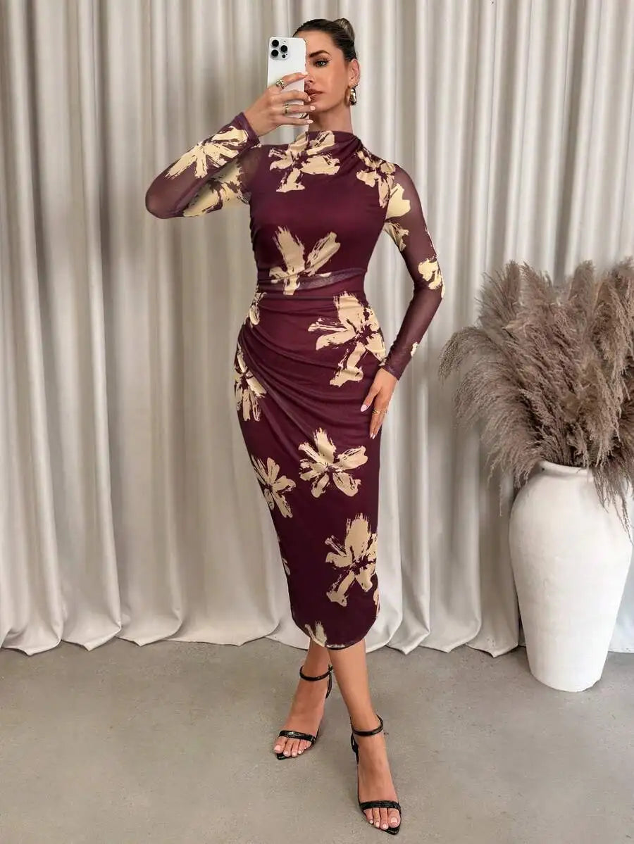 Women's Asymmetrical Ruched Mesh Knit Midi Dress with Gradient Print