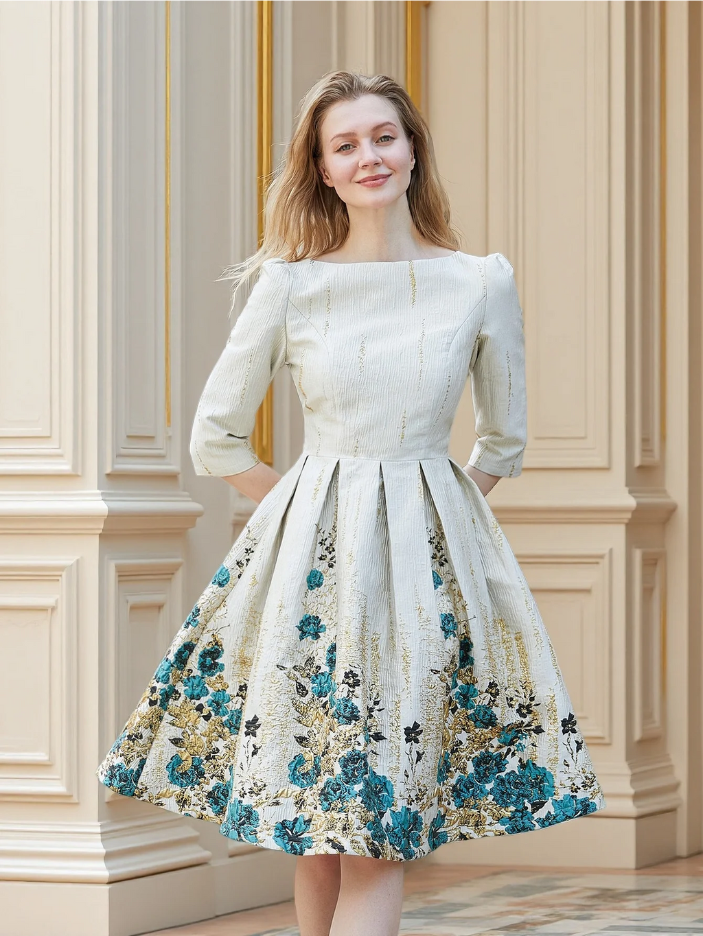 Luxury Embroidered Jacquard Dress with Fitted Waist and Flared Midi Hem Dates or Tea Parties