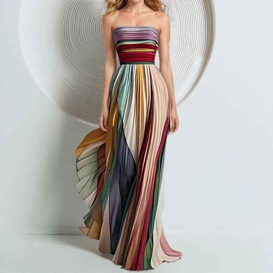 Europe and America - dress fashionable and elegant waist pleated printed long dress