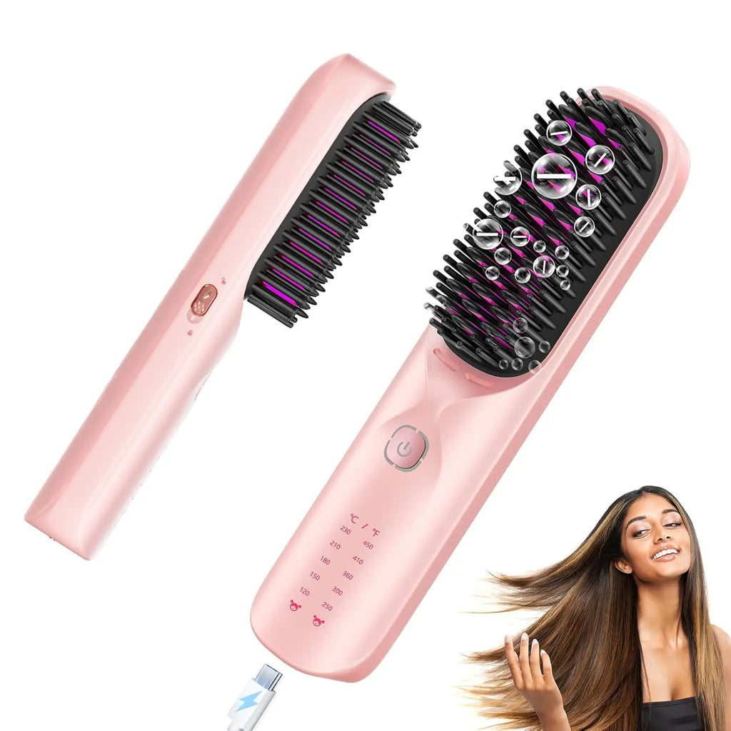 Cordless Hair Straightener Comb Brush 5S Fast Heating - 300M Negative Ions for Frizz-Free