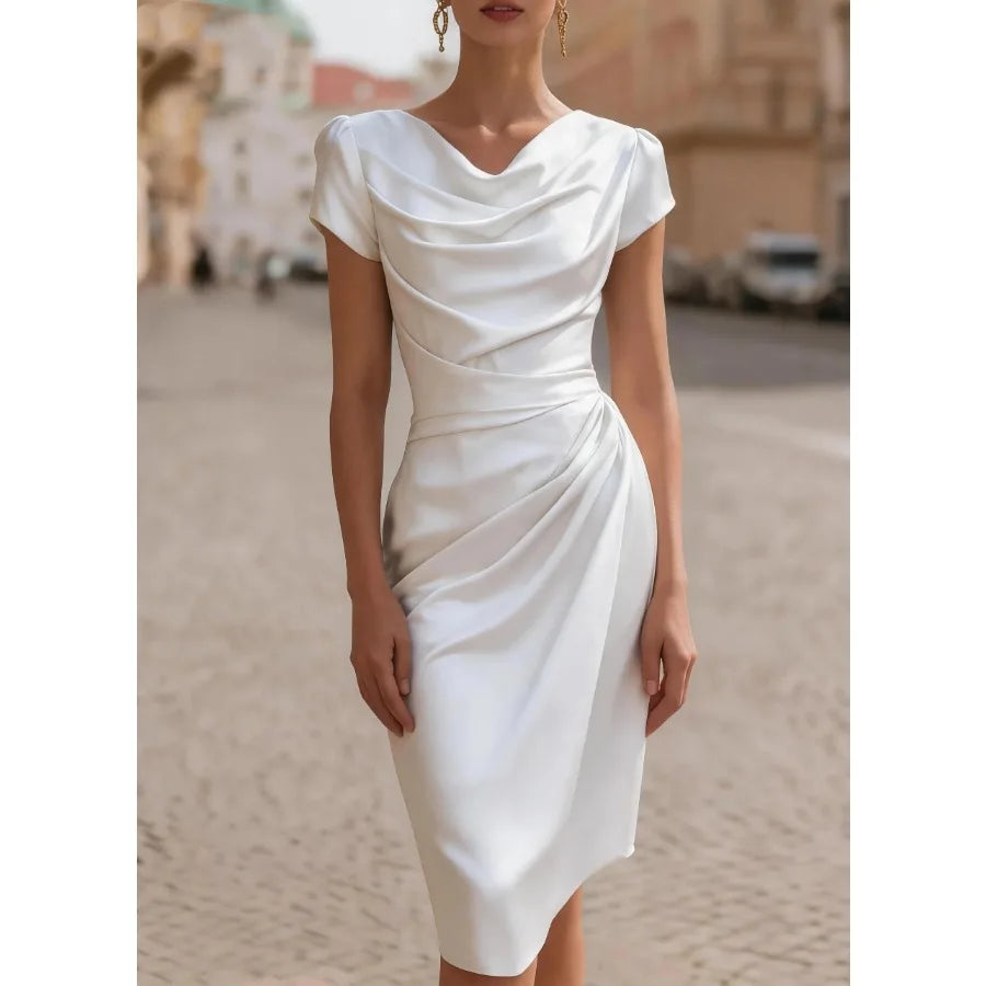 swing-collar design pleated dress, feminine temperament slim-fitting hip dress