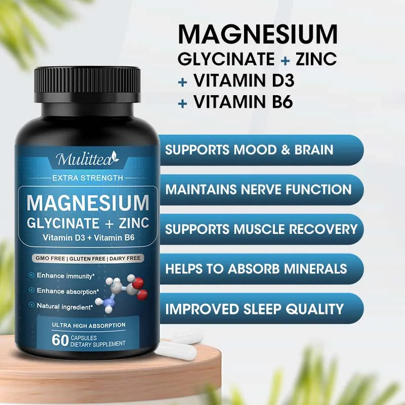 Glycine Magnesium capsule with Zinc,Vitamin D3 B6 Health for Bones and Natural Sleep Relieve Anxiety